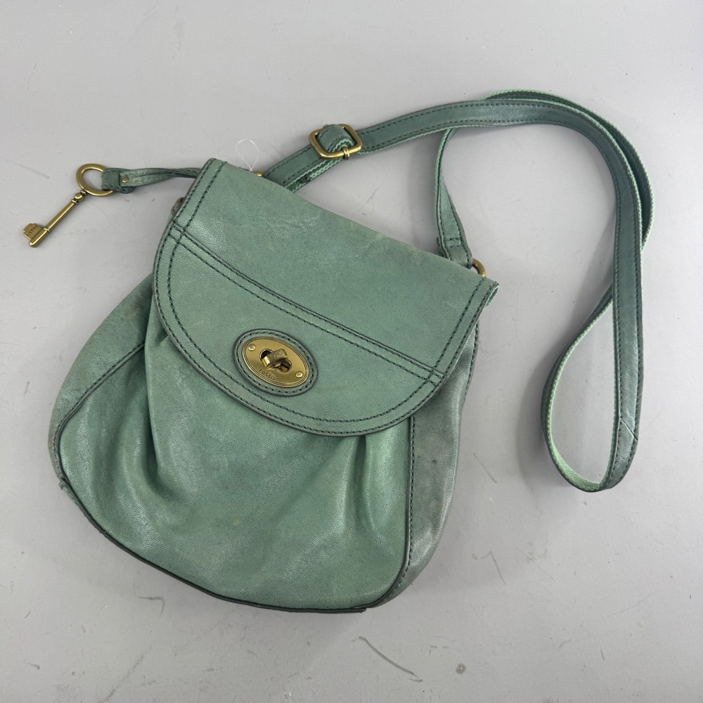 Fossil Women Lamb Leather Crossbody Bag Turnlock Key Charm Sage Green 7091